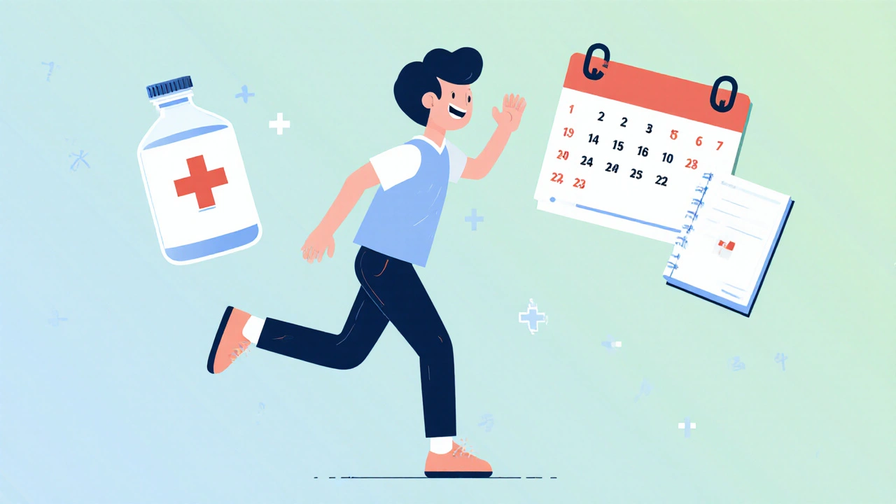 Someone doing balance exercises, medication bottle and diary nearby, representing monitoring.