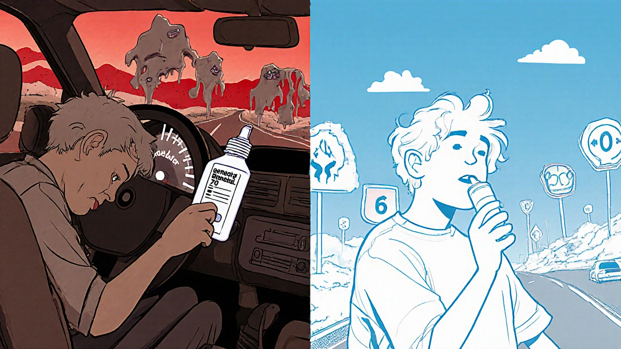 Split image: drowsy driver vs. safe nasal spray user, contrasting risk and safety