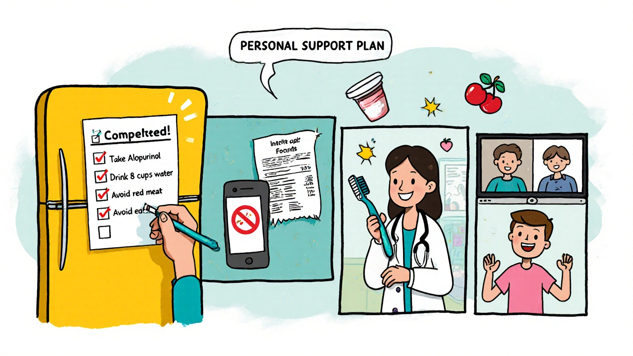 Storyboard of a gout patient&#039;s support plan checklist, reminders, doctor visit, and online forum.