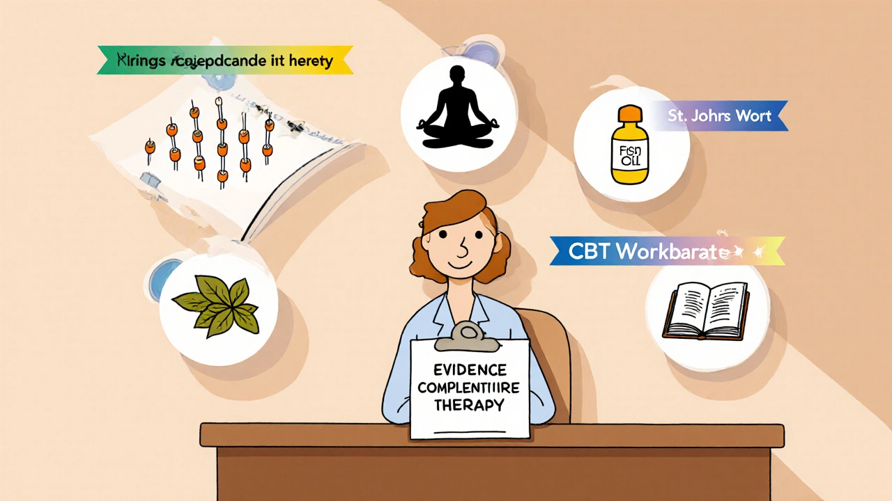 Therapist presenting evidence levels for various complementary therapies with icons.