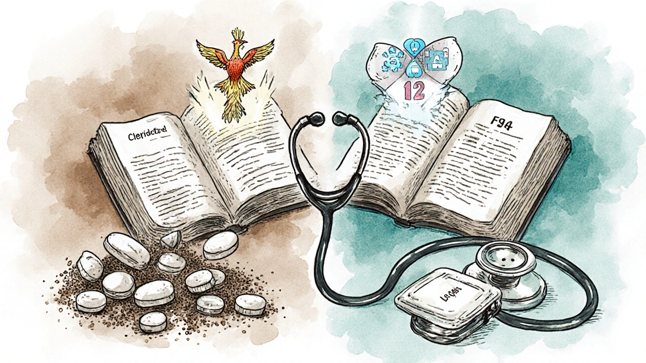 Ticlopidine pills fading as clopidogrel pills emerge, symbolizing the evolution of antiplatelet therapy.