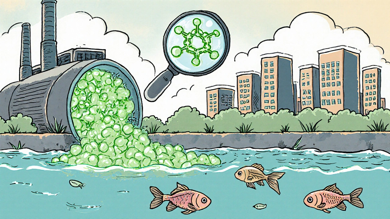 Wastewater pipe releases salbutamol into a river affecting aquatic life.