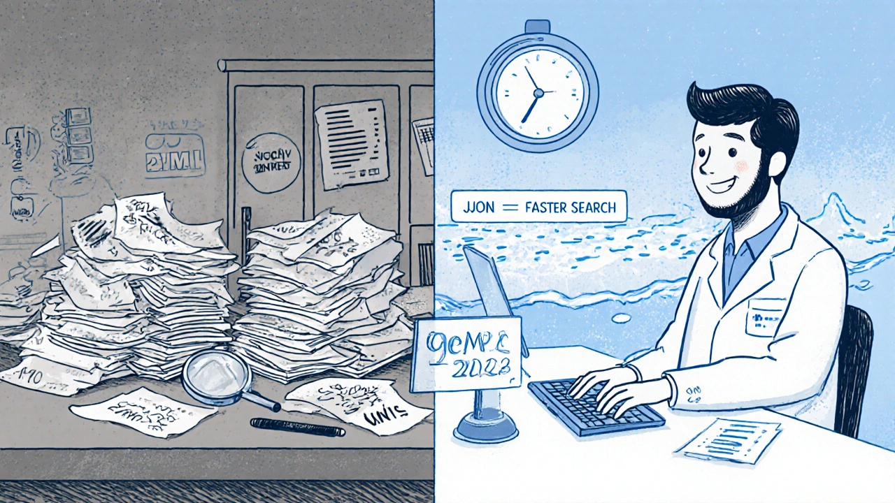 A contrast between messy paper files and a clean digital dashboard showing FDA drug safety data.