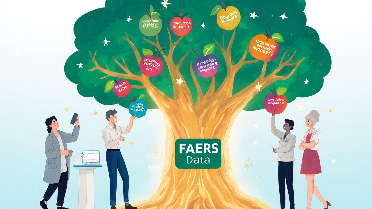 A diverse group of people harvesting insights from a tree rooted in FDA adverse event data.