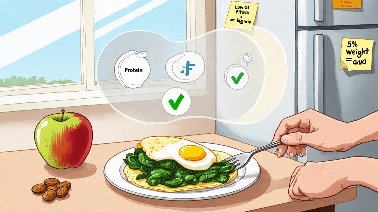 A person eating a balanced breakfast of egg omelet with apple and almonds, with fiber and protein icons floating above.