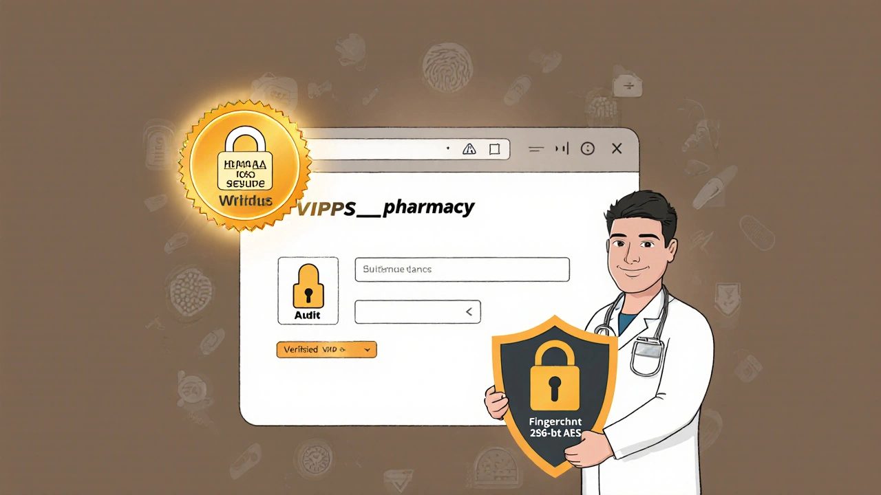 A secure pharmacy website with verified seals and biometric icons in a clean, trustworthy design.