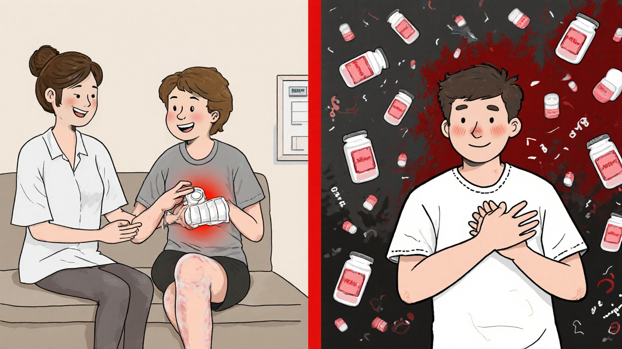 A split image: safe pain management with heat and stretching vs. dangerous NSAID use, in cartoon illustration style.