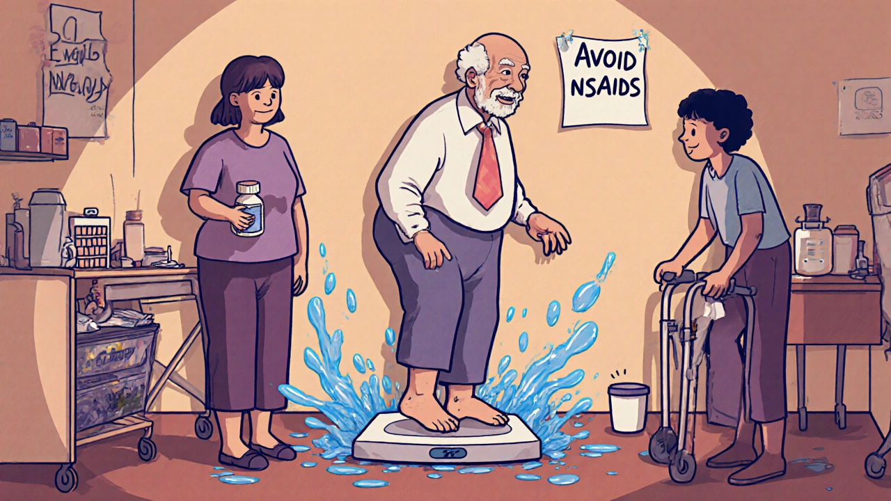 An elderly person gaining rapid weight due to fluid retention after taking painkillers, shown in a detailed illustration.