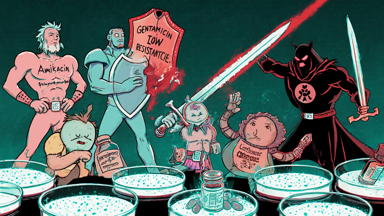 Anthropomorphic antibiotics battling resistant bacteria in a petri dish battlefield.