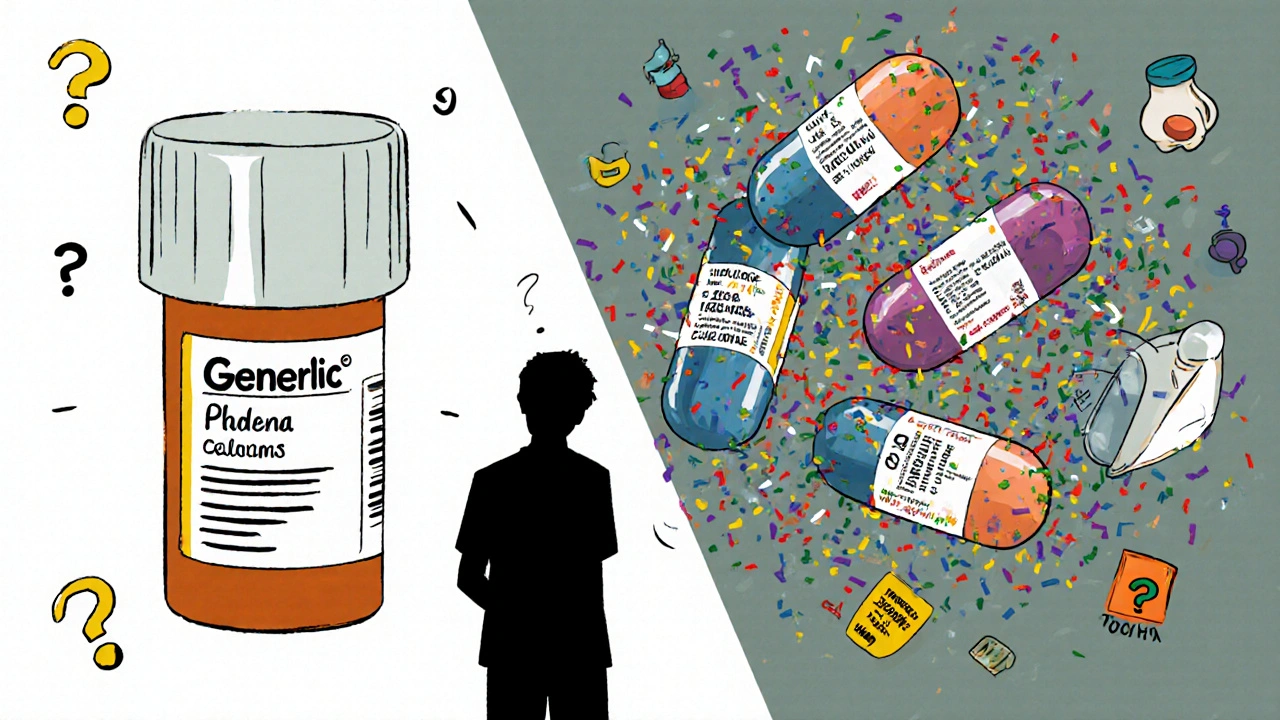 Brand-name pill vs. chaotic pile of generics with conflicting additives, a confused patient caught in between.