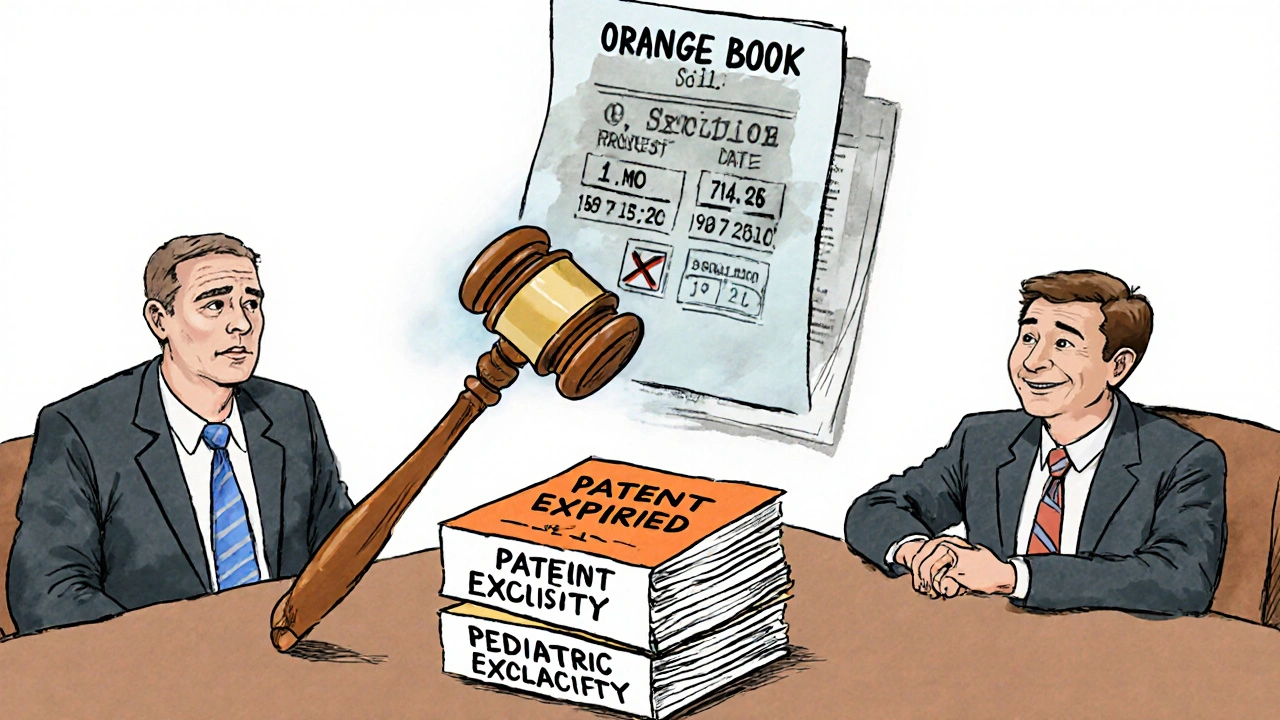 Courtroom scene with patent expired but pediatric exclusivity still in force.