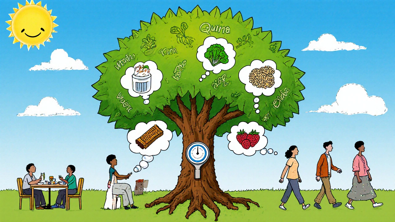 Diverse people making healthy food swaps in daily life, surrounded by a tree with vegetable leaves labeled Fiber, Protein, Low GI.