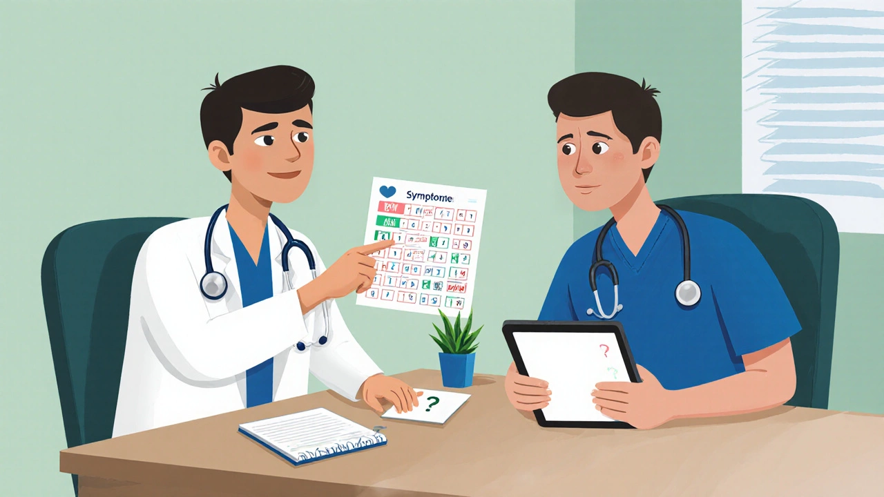 Doctor and patient reviewing a symptom tracker during a consultation in an exam room.