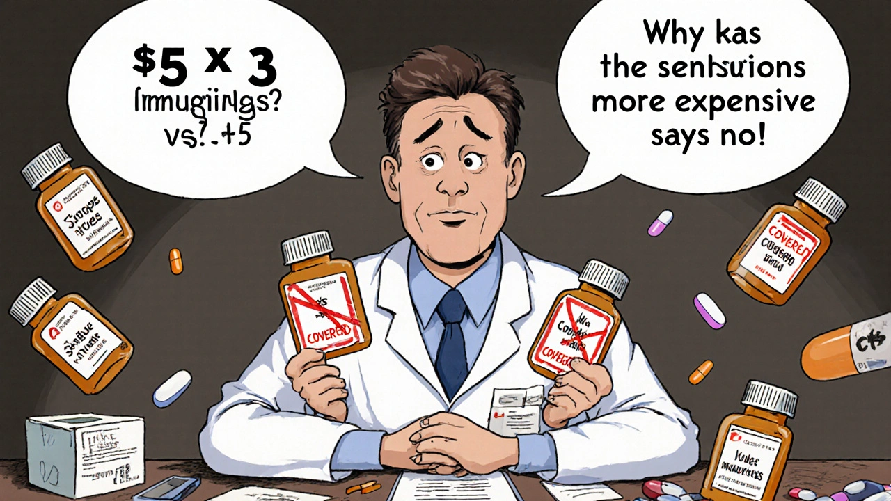 Doctor comparing prices of separate pills versus combo pill, with insurance denial symbols and floating medication bottles.