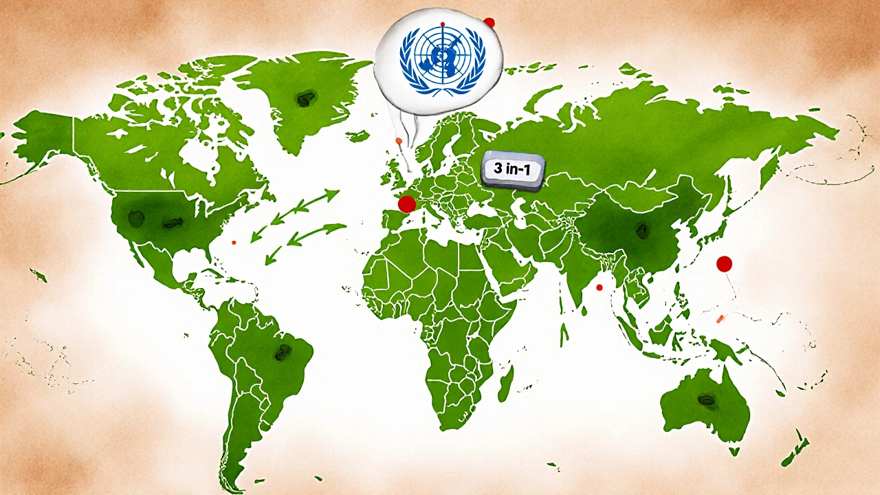 Global map showing access to combination blood pressure pills, with bright supply in wealthy nations and gaps in poorer regions.