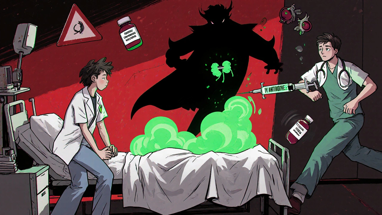 Hospital scene showing a kidney infection with gas clouds and emergency treatment in dramatic cartoon style.