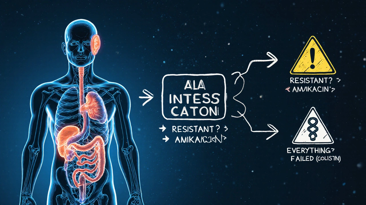 Human silhouette with warning signs on kidneys and ears, showing antibiotic decision flowchart.