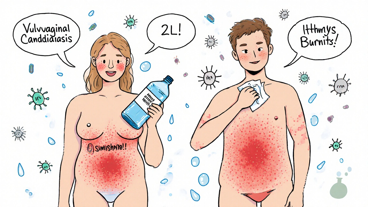 Man and woman with genital infections caused by sugar in urine, shown with symptoms and hydration tips in hand-drawn style.