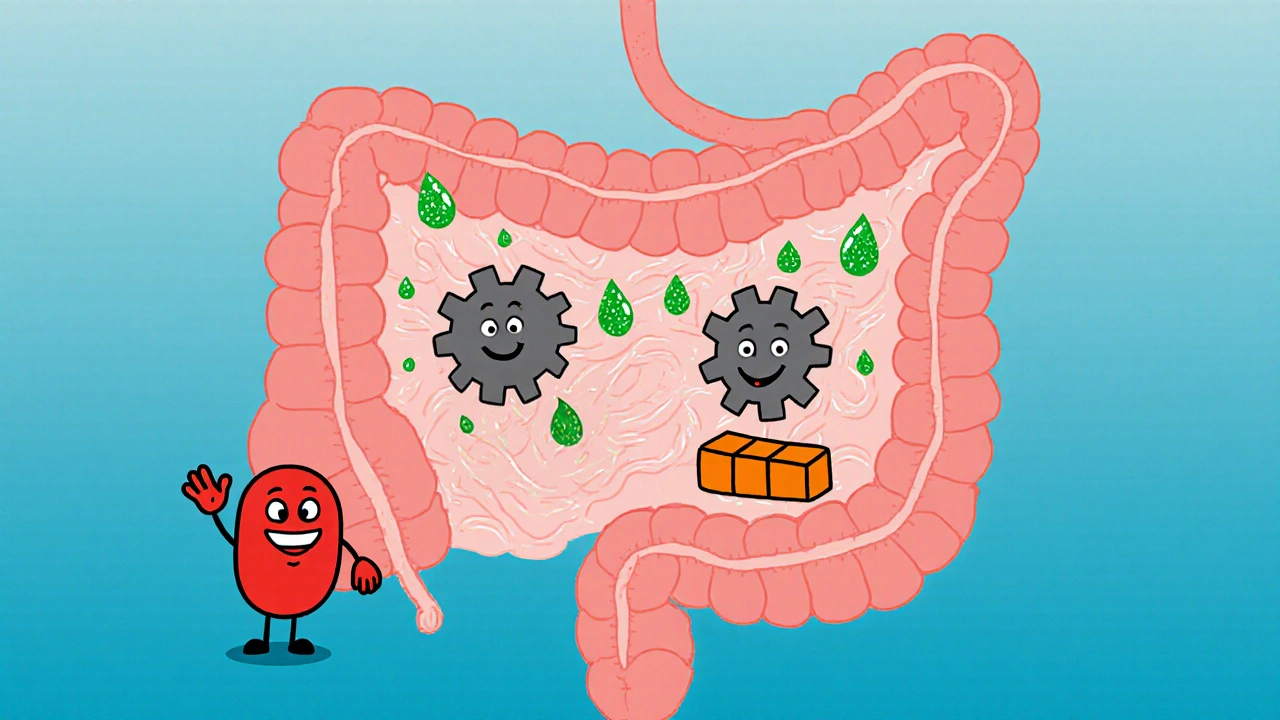 Microscopic view of gut cells where vitamin C transforms iron into an absorbable form, with friendly proteins and glowing particles.