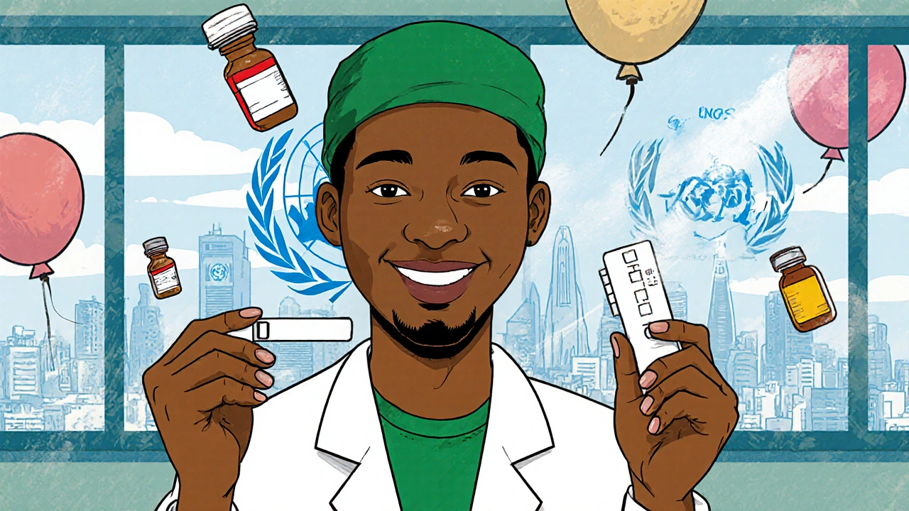 Nigerian technician holding an HIV test strip, with medical icons floating around them.