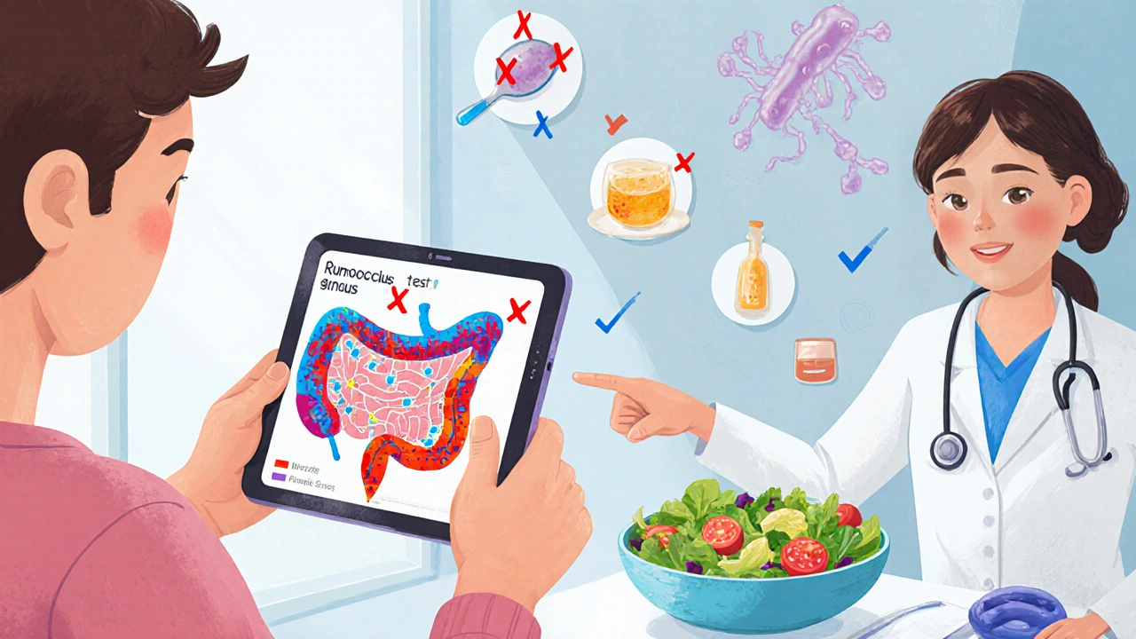 Patient and doctor reviewing a colorful gut microbiome map on a tablet, with personalized treatment options shown as food and targeted viruses.