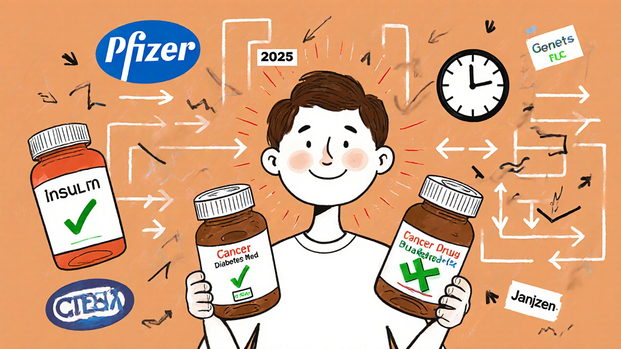 Patient holding pills, only some eligible for assistance, guided by drug company logos and a 2025 cost cap graph.