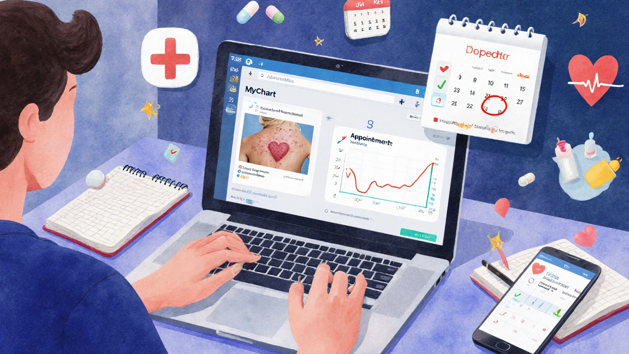 Person organizing health notes and apps at home before a doctor&#039;s appointment.