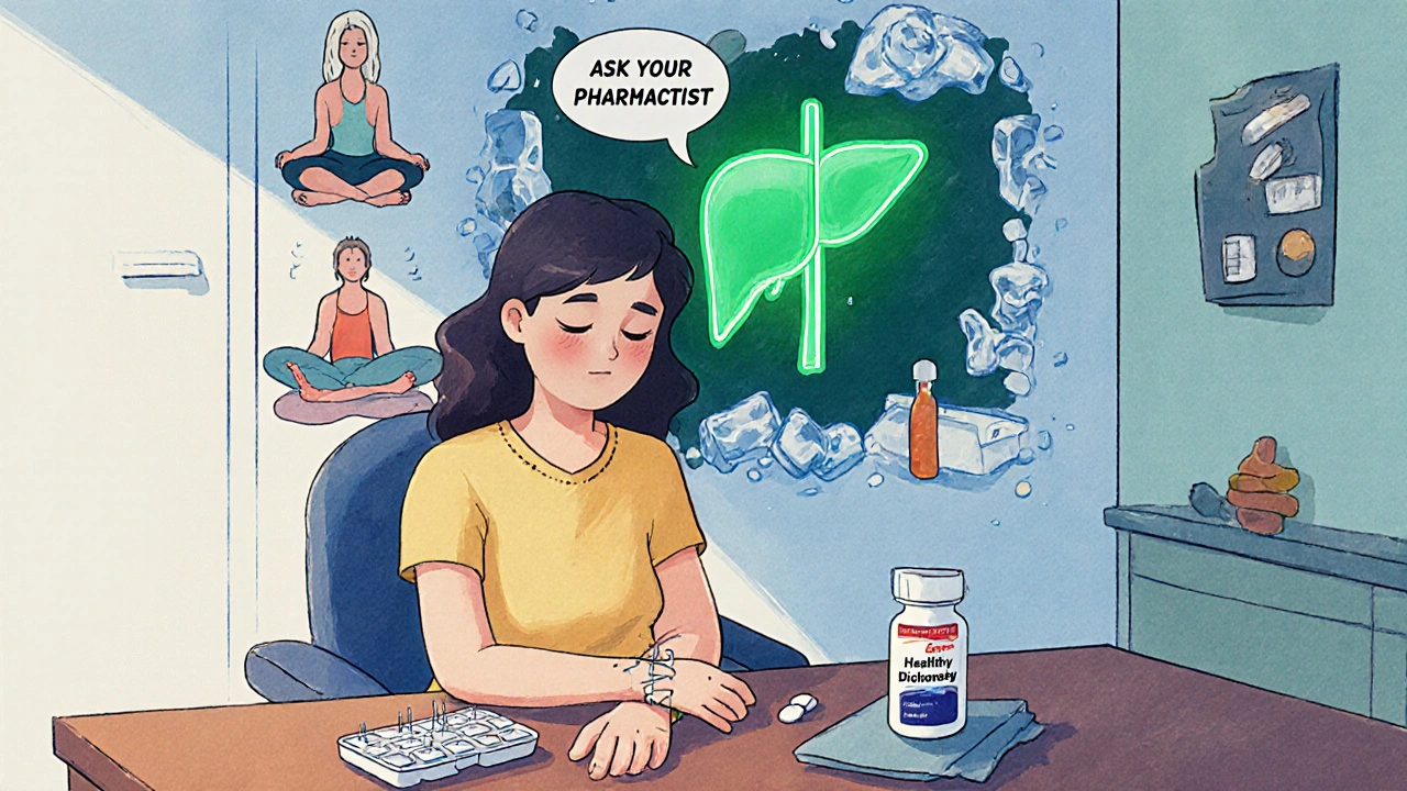 Person receiving acupuncture with safe pain management tools, beside a healthy liver illustration.