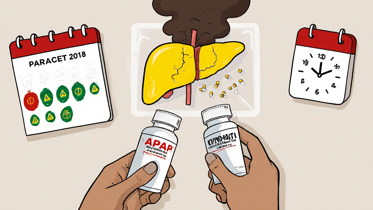 Person taking two medications with hidden acetaminophen, causing a cracked, yellowing liver above them.
