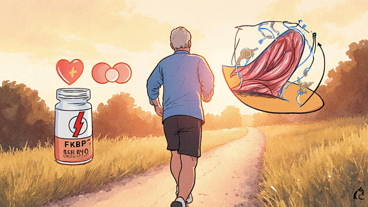 Person walking while exercise helps repair muscle calcium control, with CoQ10 and heart icons nearby.