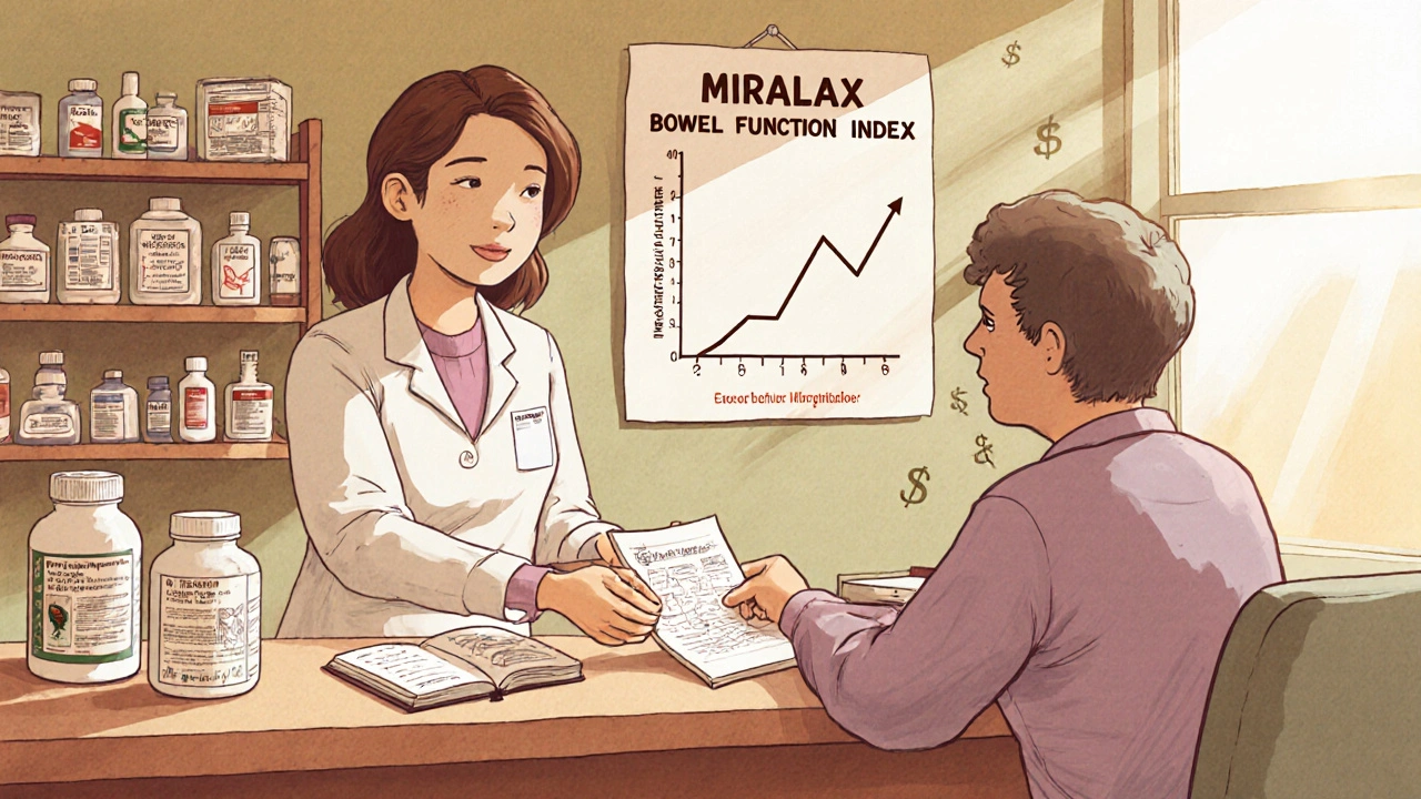 Pharmacist handing OIC medication to patient, with bowel tracking chart and treatment options visible.