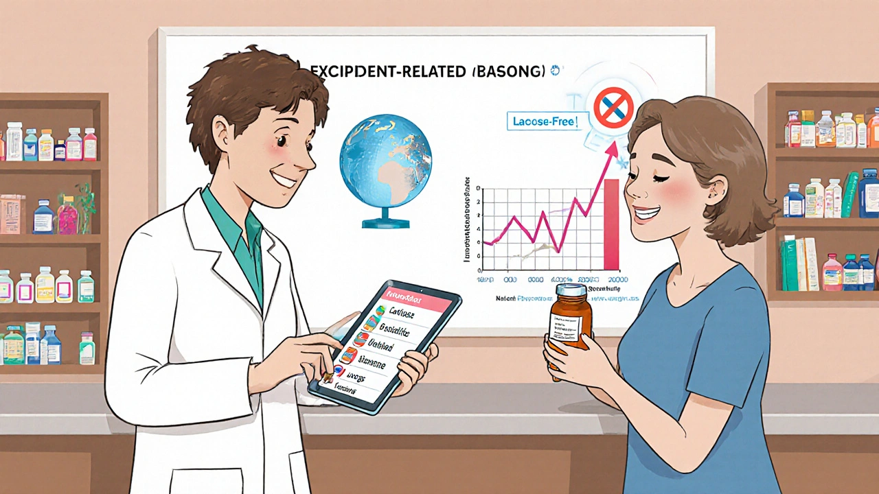 Pharmacist scanning prescriptions on a tablet, digital alerts flagging harmful excipients, patient holding safe medication.
