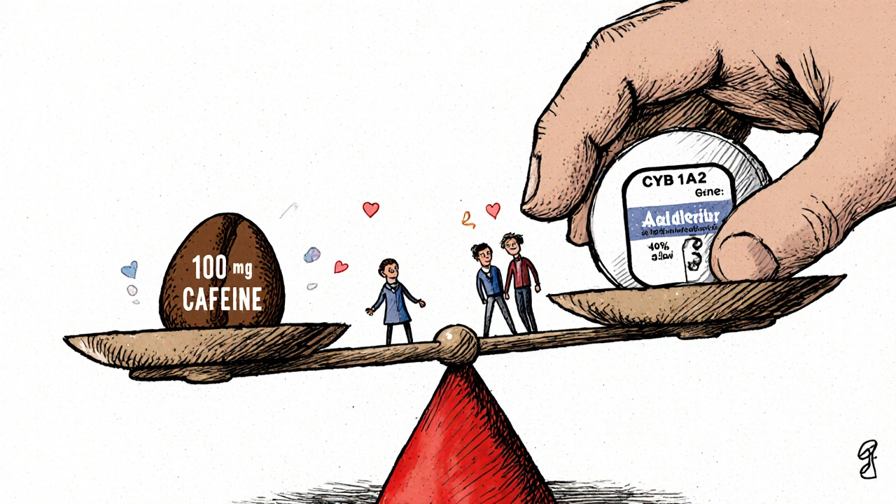 Scale tipping under coffee bean and Adderall pill, labeled gene hand causing imbalance with falling symptoms.