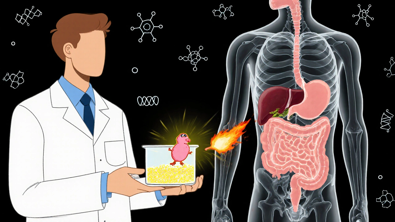 Scientist holding a glowing petri dish while bacteria escape a person&#039;s gut toward organs, triggering inflammation in joints and pancreas.