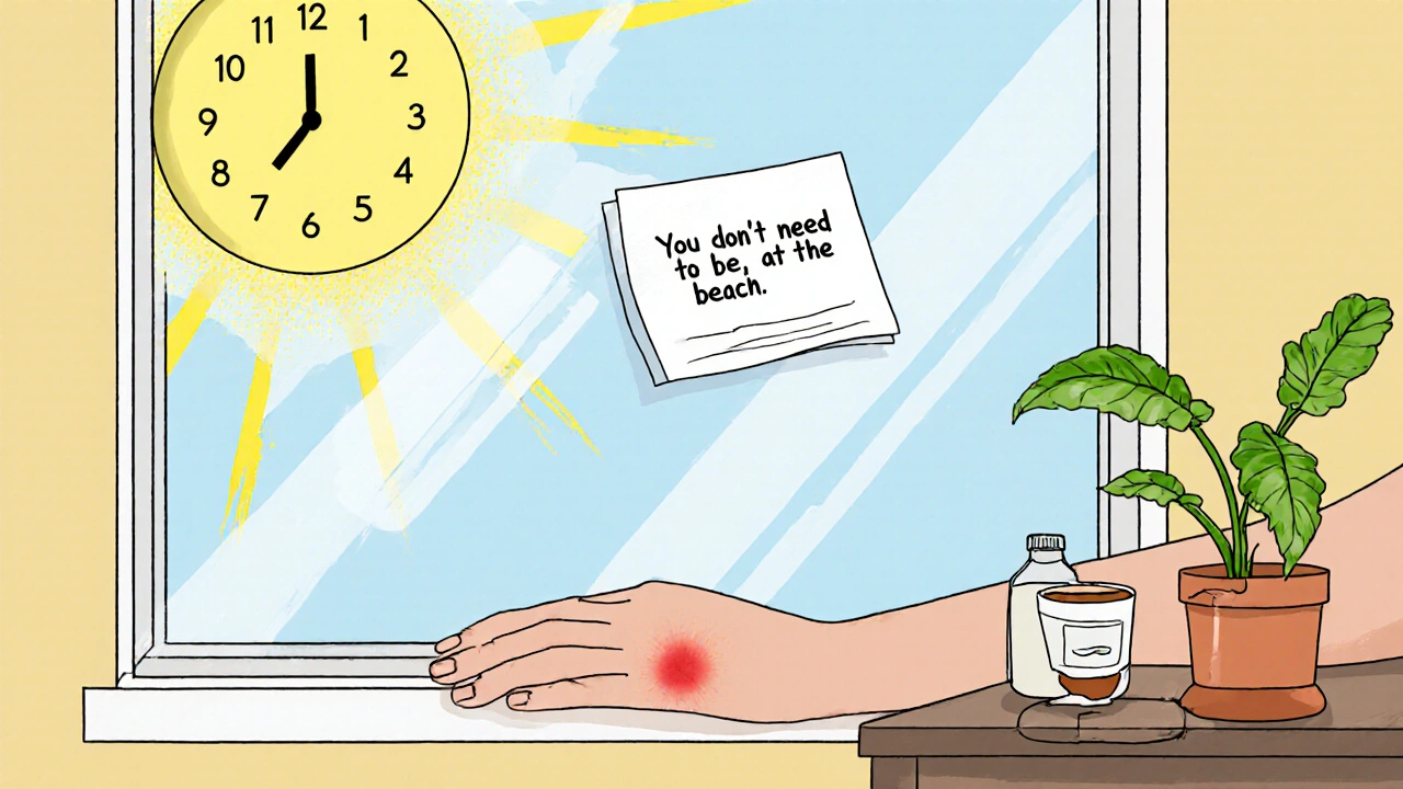 Someone near a sunlit window with faint skin redness, a UV-blocking film visible, and minocycline pills nearby.