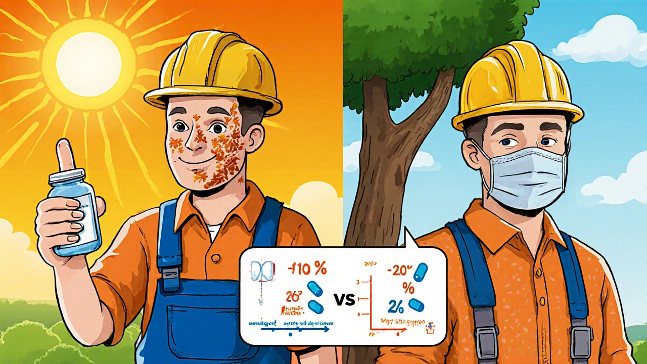 Split illustration comparing severe sun damage from doxycycline versus safe protection with minocycline.