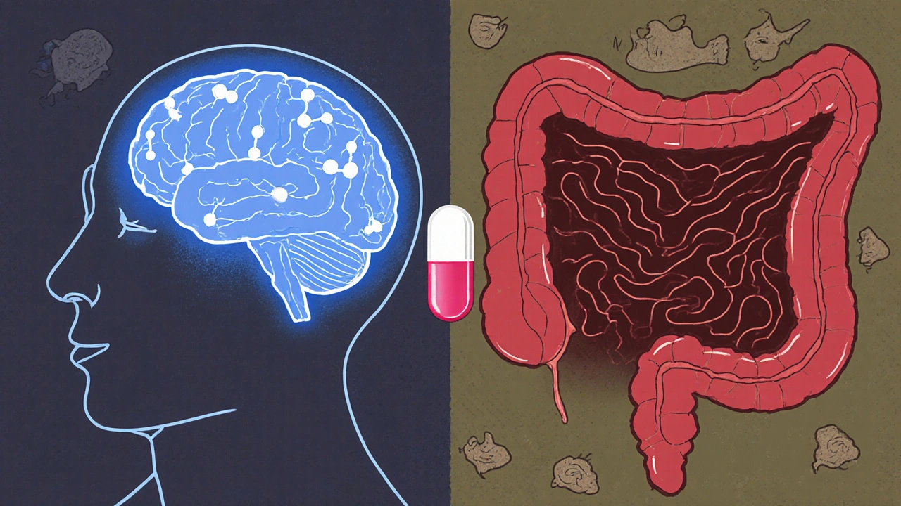 Split illustration of brain and gut with opioids blocking gut movement but not brain pain relief.