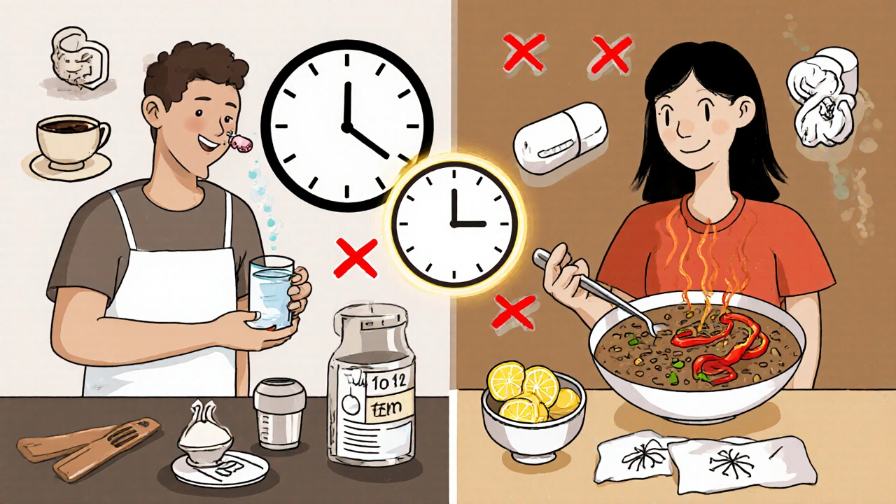 Split kitchen scene showing timed separation of thyroid medication and iron-rich meal with dietary blockers crossed out.