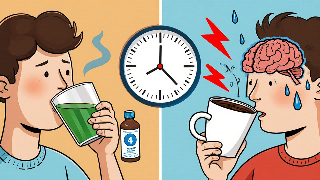 Split scene: calm green tea vs chaotic coffee with Adderall, brain glowing steady blue versus flickering red.