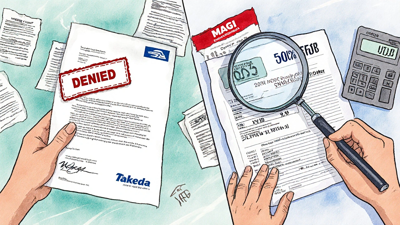 Split scene showing Medicare denial and income documentation with hidden financial details floating around.