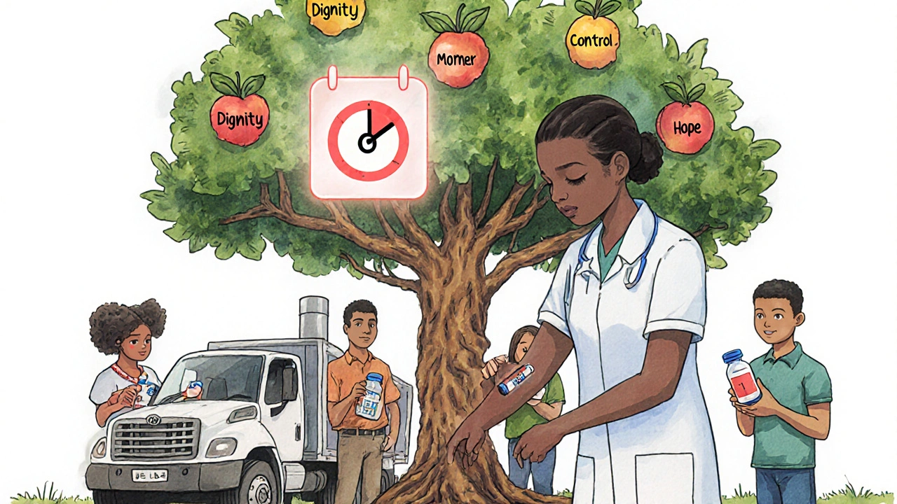 Teenager receiving a long-acting HIV injection, with a glowing six-month timer above their arm.