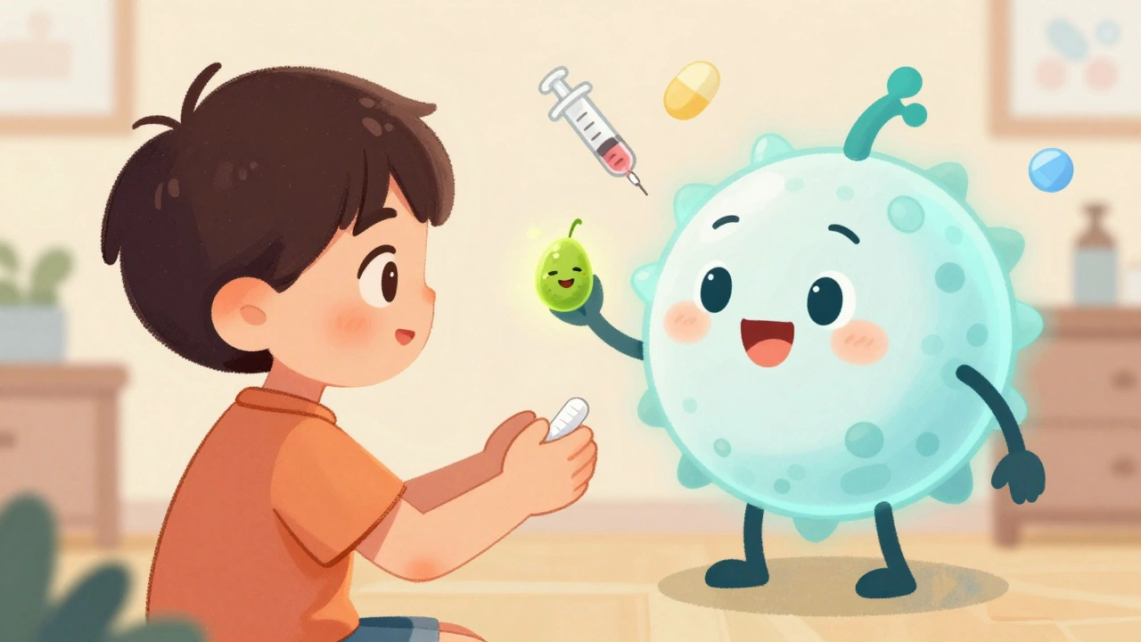 A child taking an allergy tablet as a friendly immune cell shakes hands with a pollen grain.