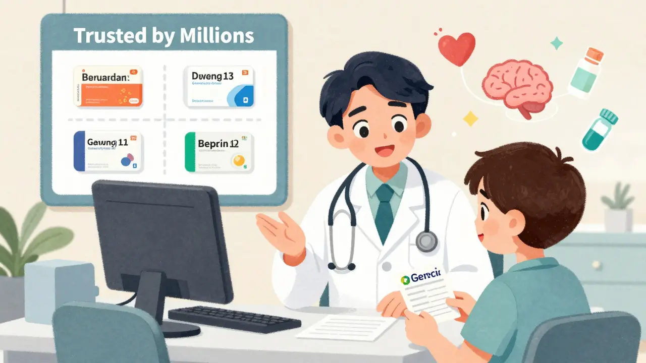 A doctor explains generics to a young patient, with branded drug ads visible in the background.