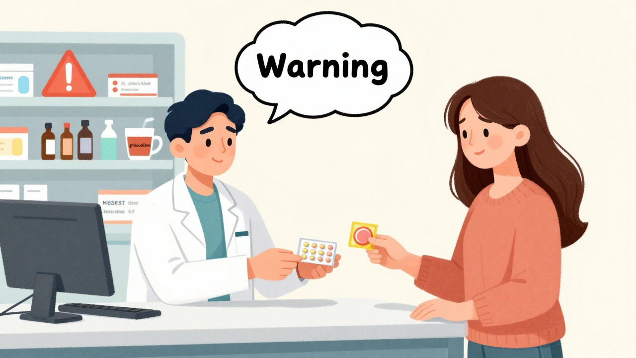 A doctor hands a mini-pill pack to a woman while warning symbols float above interfering supplements and medications at a pharmacy counter.