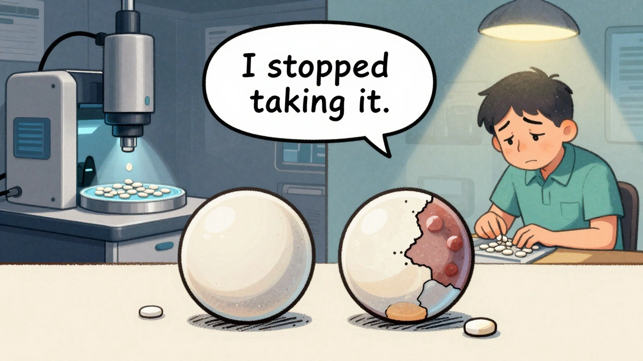 A patient compares two pills — one good, one defective — while contrasting old and new manufacturing methods.