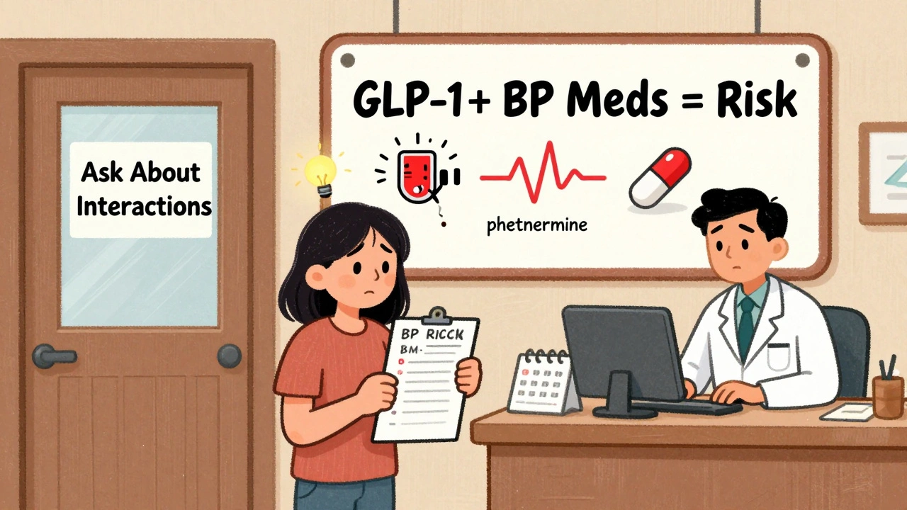 A patient holding a medication list outside a doctor's office, with warning signs about drug interactions.