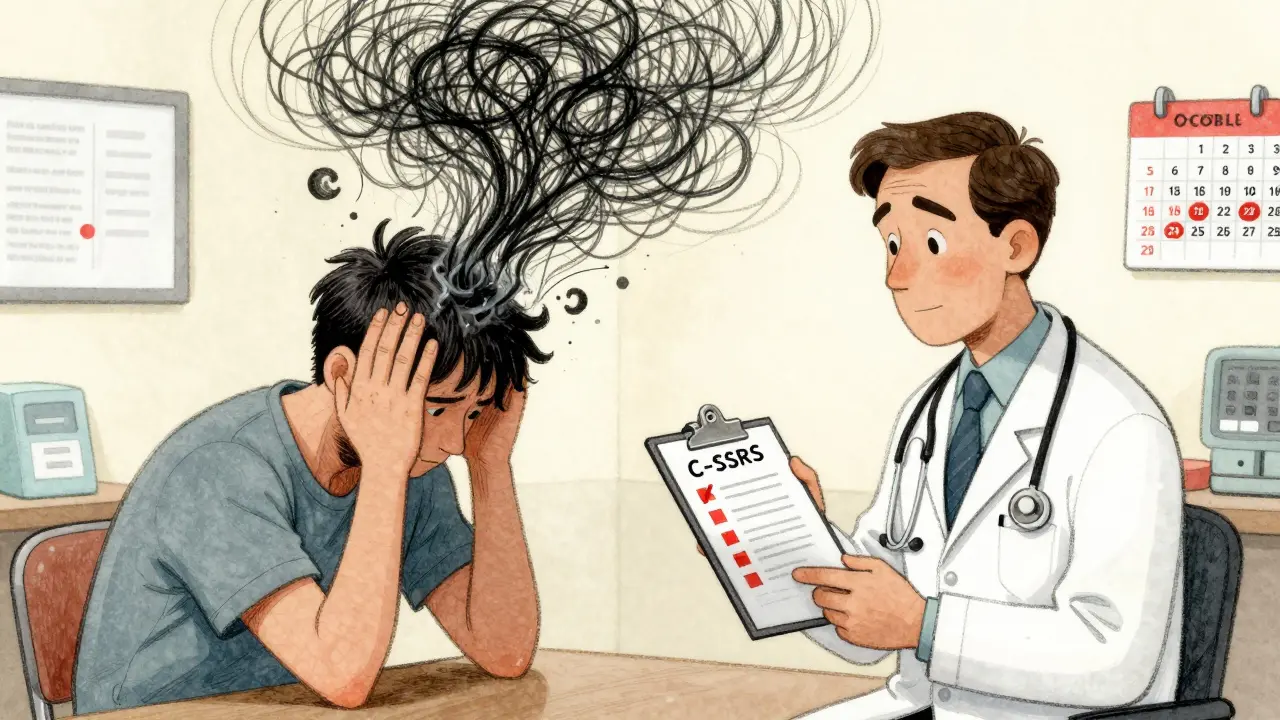 A patient shows inner turmoil with chaotic thought lines while a doctor reviews a suicide risk checklist in a clinic setting.