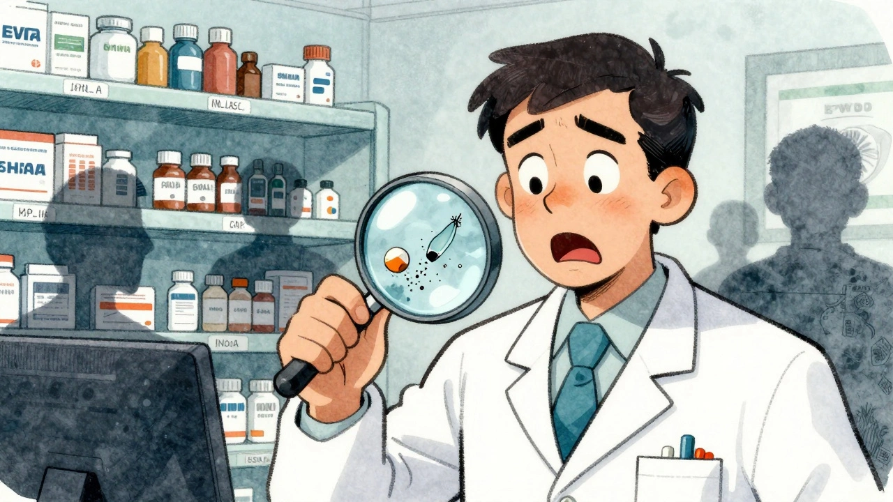 A pharmacist examines a generic pill under magnification, revealing dangerous specks inside.