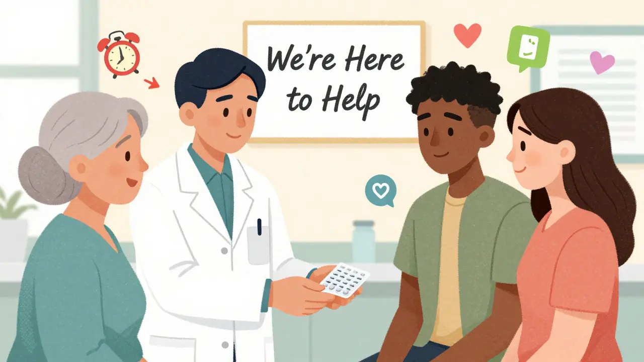 A pharmacist handing out a labeled pill organizer to a diverse group of patients with supportive icons.