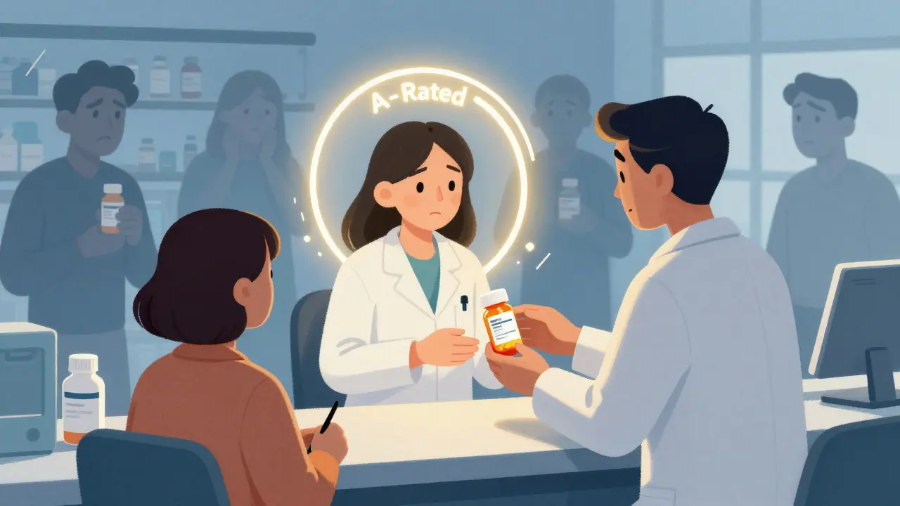 A pharmacist hands a generic pill bottle while an FDA 'A-Rated' seal glows above, surrounded by hesitant patients.